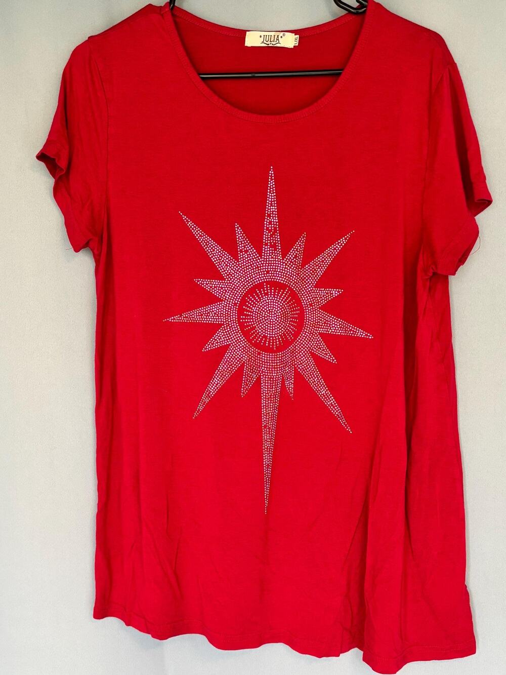 Julia Women’s Red Stretchy Studded Embroidered oversized Top Shirt Large L/XL